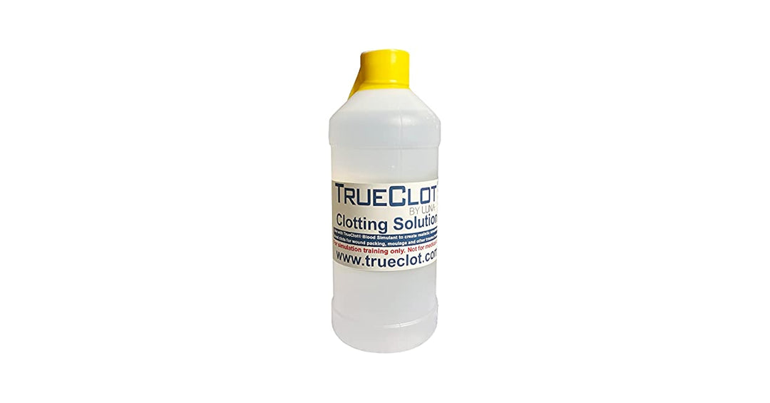 Bottle of TrueClot Clotting Solution 500ml for simulated blood training