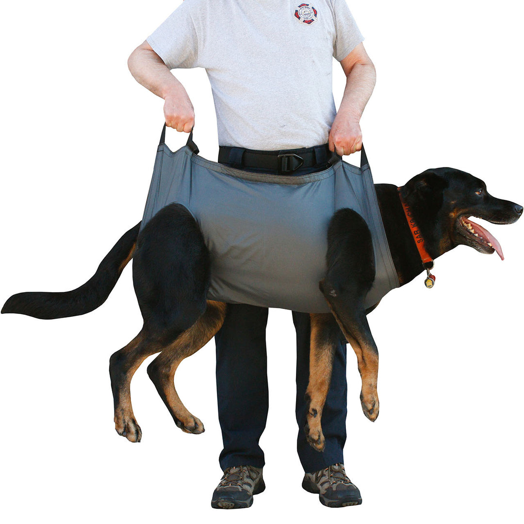 Person carrying a large black and tan dog using the grey K9 QuikLitter sling.