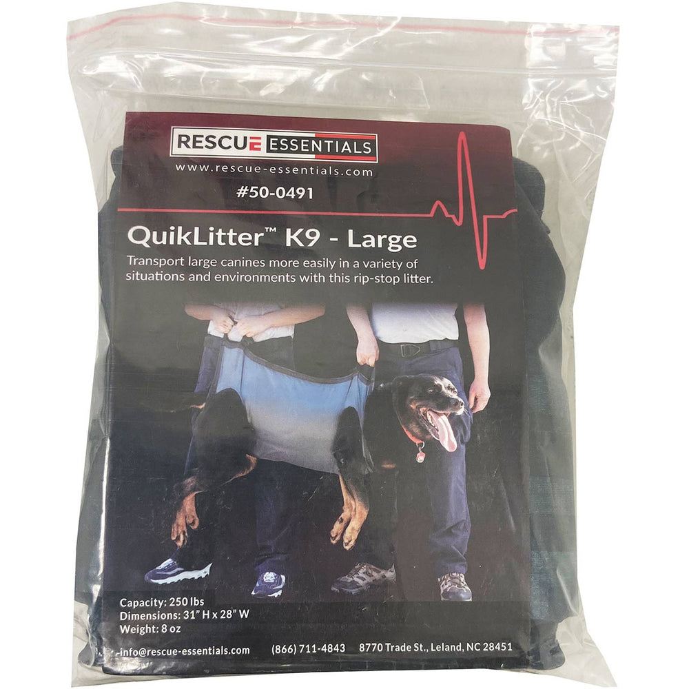 Packaged Rescue Essentials K9 QuikLitter with product label visible.