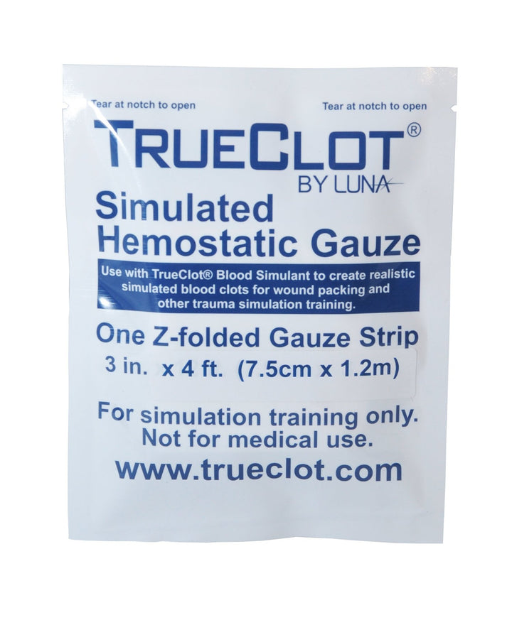 Front of TrueClot Simulated Hemostatic Gauze packaging showing product name and training use disclaimer.