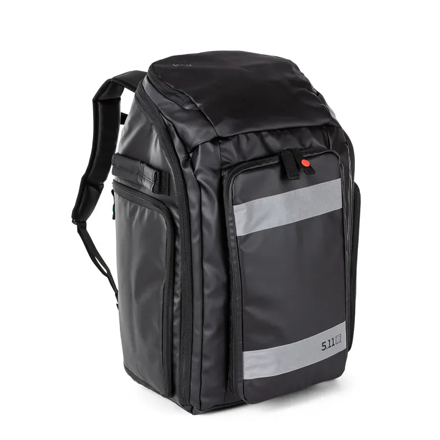 Angled front view of 5.11 Responder 48 Backpack showing reflective front panel and logo