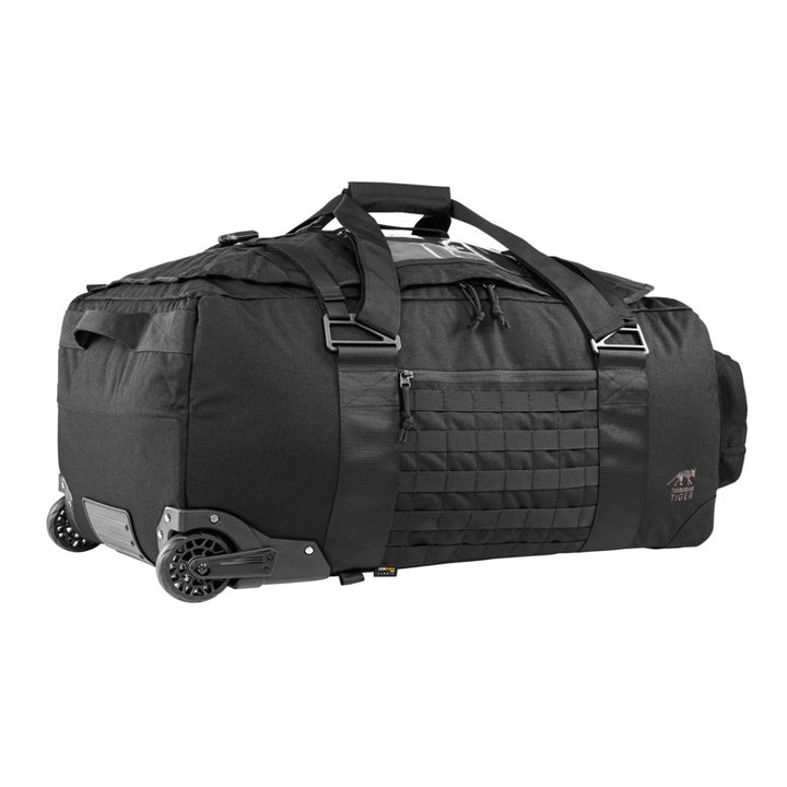 side view TT Transporter Roller Duffel – Tactical 110L black trolley bag with MOLLE and backpack straps