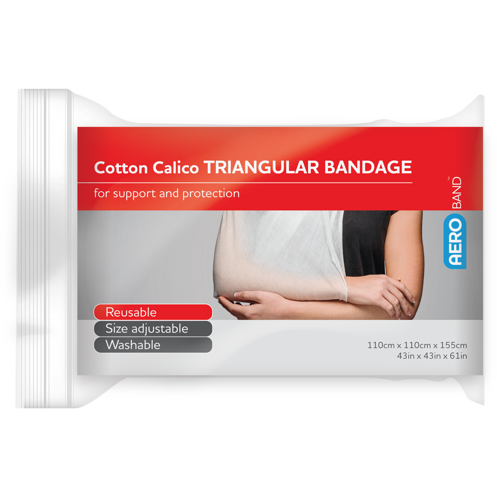 AeroBand Cotton Calico Triangular Bandage in sealed packaging with illustration of arm in sling. Washable, reusable, and size adjustable. TacMed Australia – essential first aid bandage for immobilising limbs and supporting injuries.