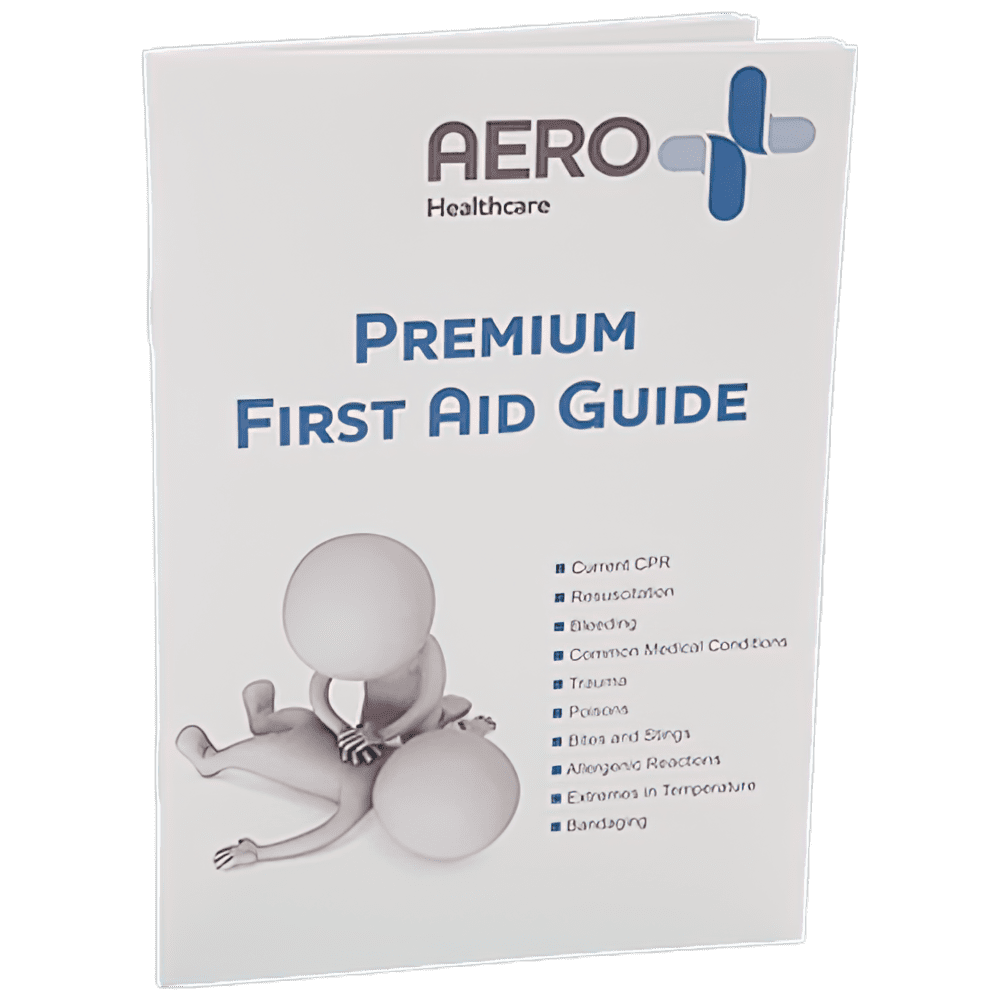 Front view of Aeroguide First Aid Booklet with blue 'Premium First Aid Guide' text and white background