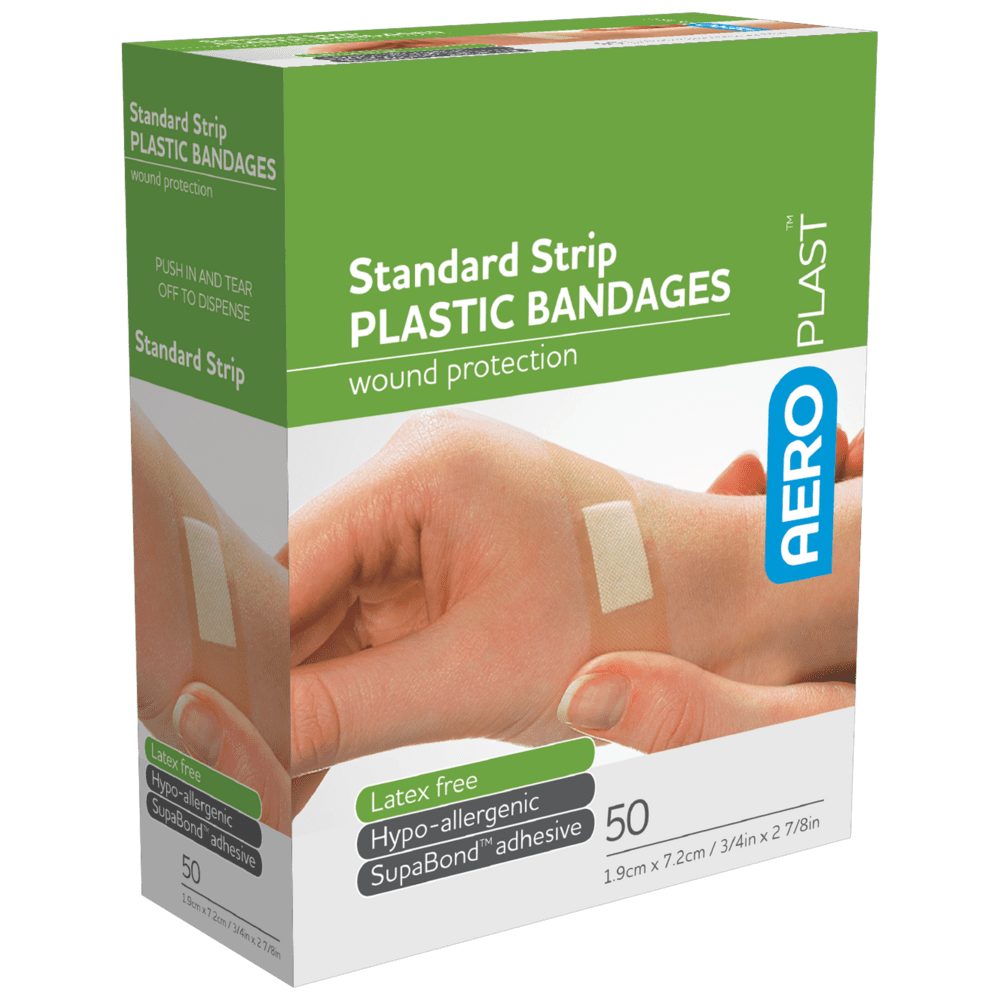 Box of AEROPLAST Plastic Bandages – Standard Strip 7.2×1.9cm, 50 Pack