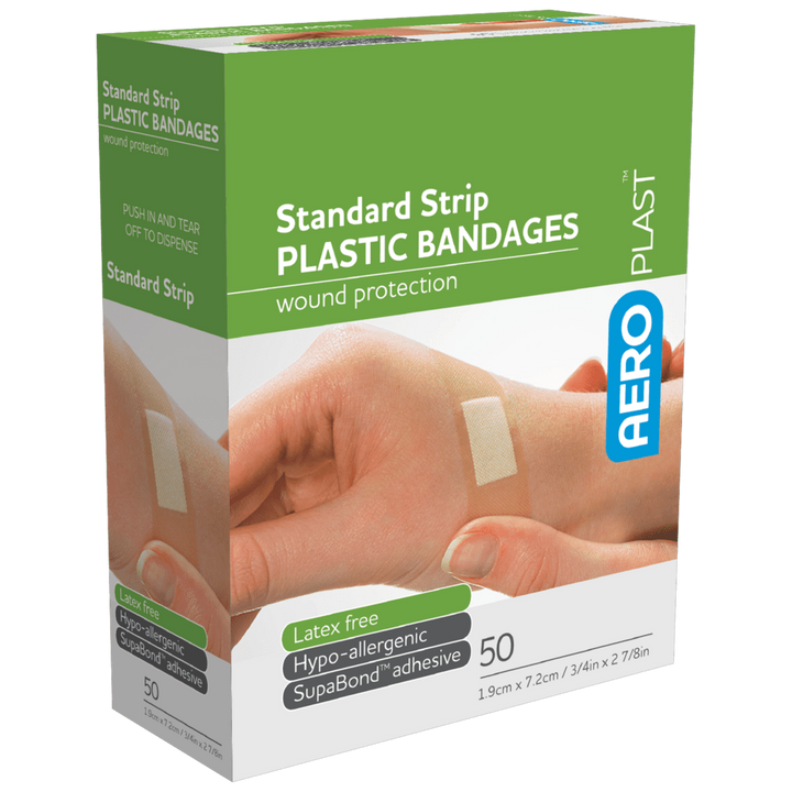 Box of AEROPLAST Plastic Bandages – Standard Strip 7.2×1.9cm, 50 Pack