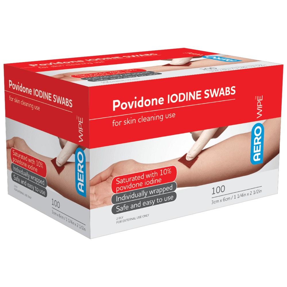Box of AEROWIPE Povidone Iodine Swabs – 100 Pack, 60×33mm