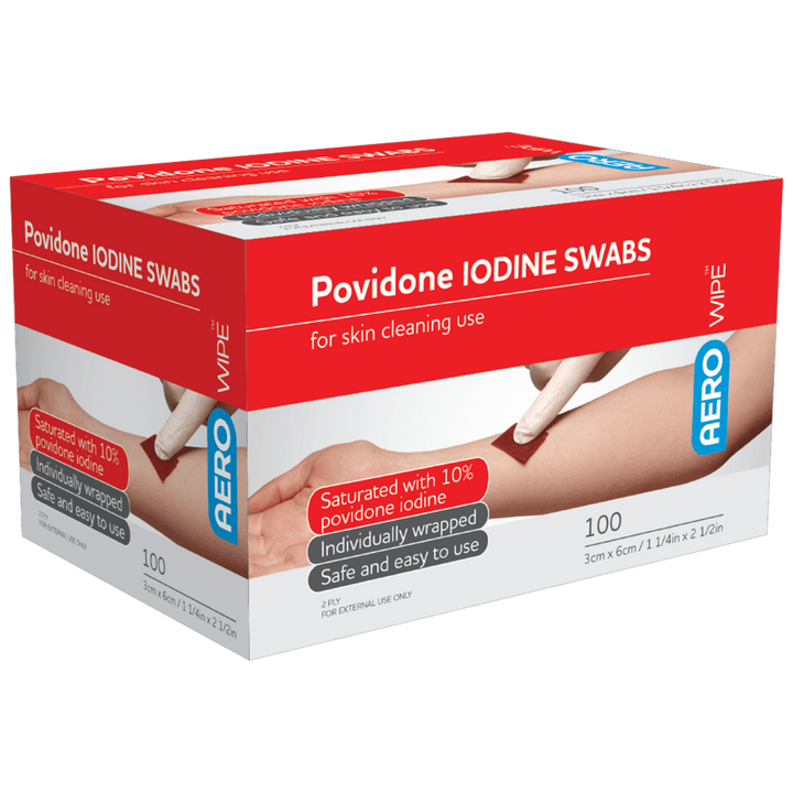 Box of AEROWIPE Povidone Iodine Swabs – 100 Pack, 60×33mm