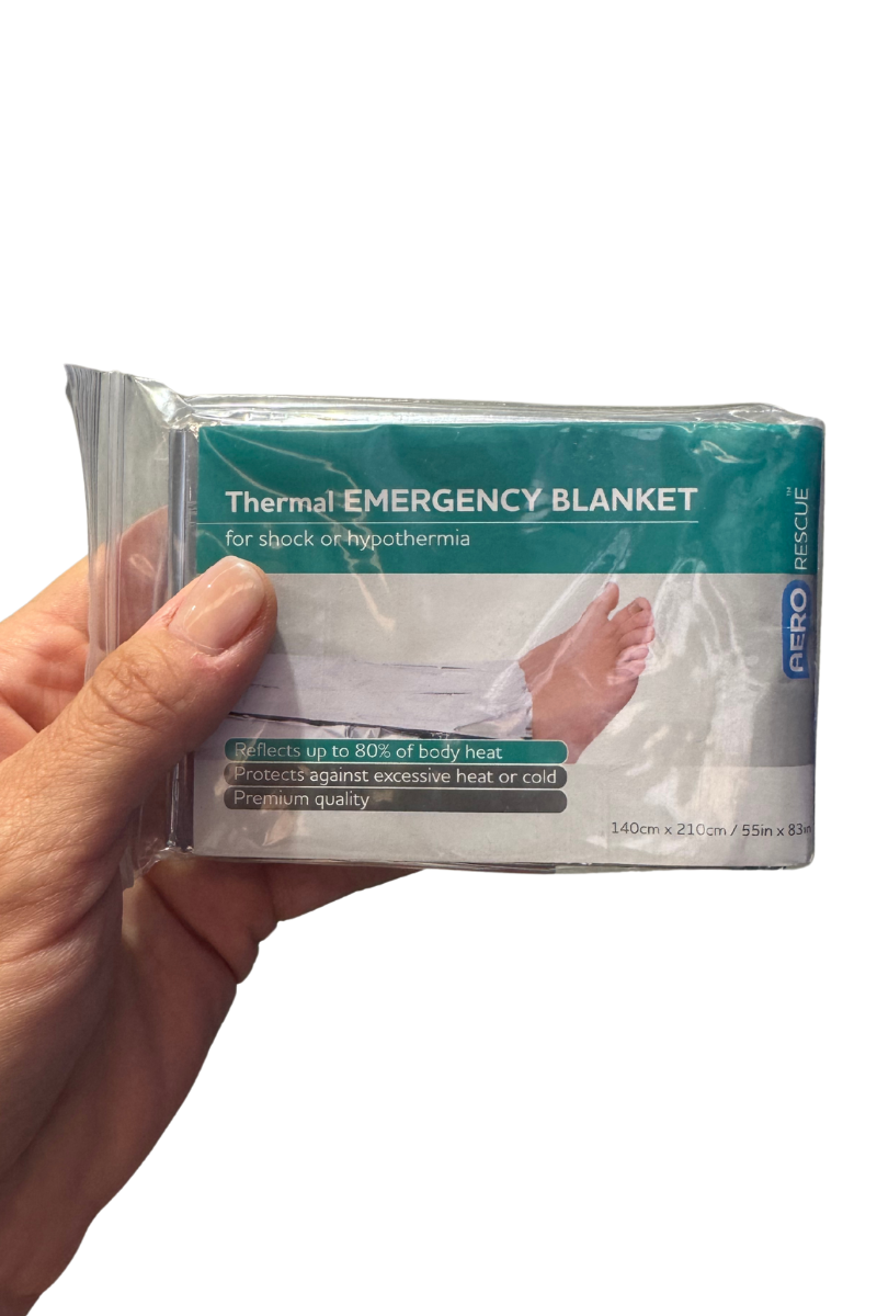 Hand holding a packaged AeroPlast Thermal Emergency Blanket designed for shock and hypothermia treatment.
