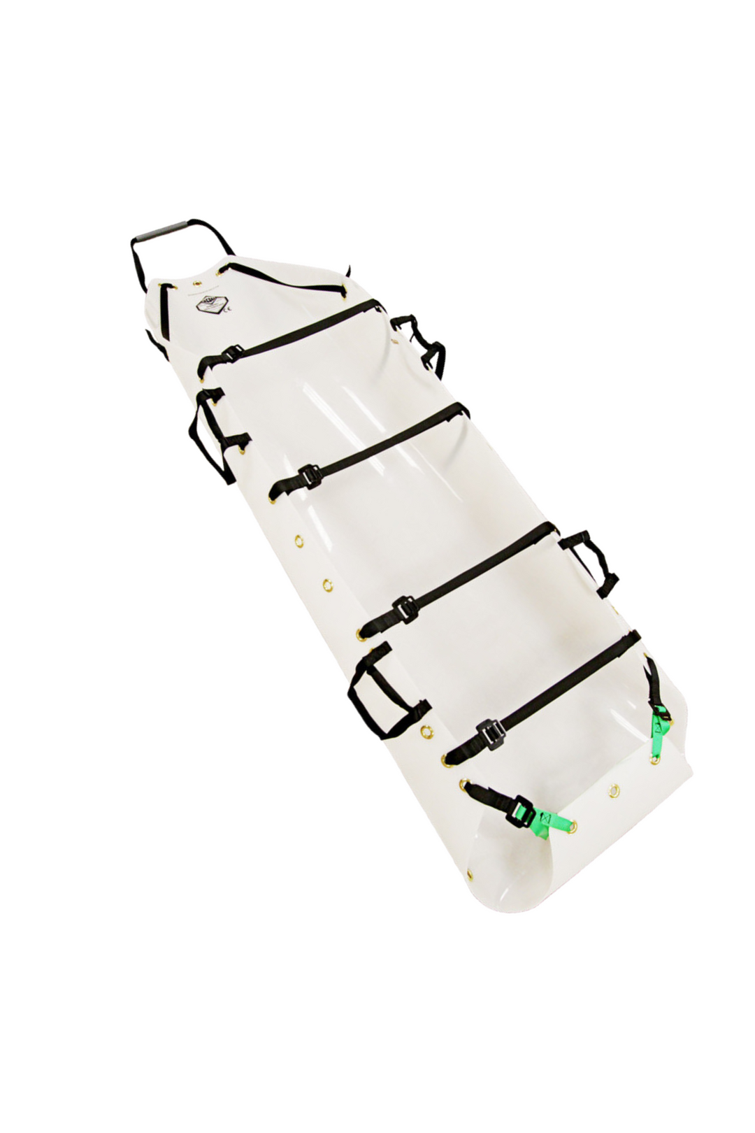 The image depicts an unrolled Bariatric Sked® Stretcher. The white polyethylene stretcher, 1.2 m wide and 2.4 m long, features black webbing straps with handles and green tow straps, laid out on a plain white background. Ideal for moving obese patients safely.