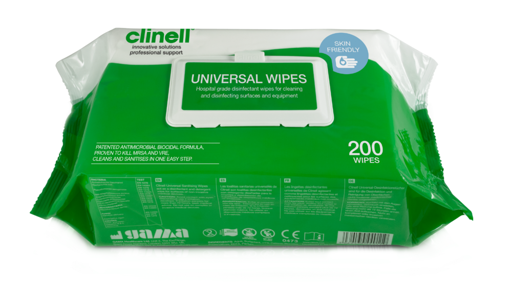Clinell Universal Sanitising Wipes 200 pack for hands, surfaces, and equipment – alcohol-free hospital-grade disinfectant