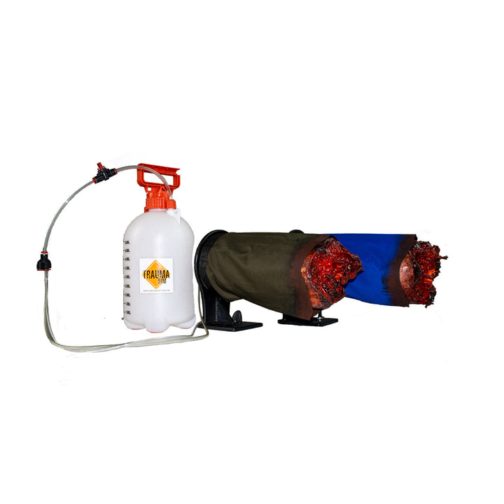 Training leg connected to pressure sprayer system simulating arterial bleeding.