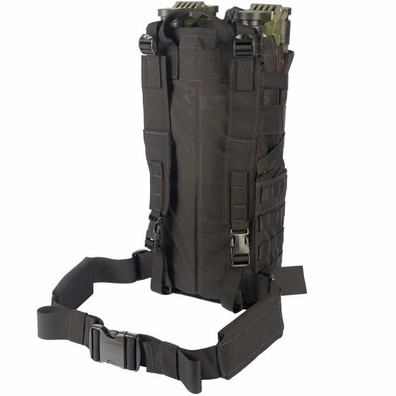 Talon® II Assault Litter Carrier in black, designed for easy litter transport with non-slip adjustable shoulder straps and a top handle. Made from 500D CORDURA® Solution-Dyed Nylon with Near Infrared Signature Reduction, featuring MOLLE-style attachment points and a drain hole. Litter sold separately.