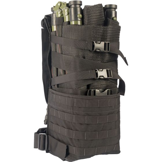 Talon® II Assault Litter Carrier in black, designed for easy litter transport with non-slip adjustable shoulder straps and a top handle. Made from 500D CORDURA® Solution-Dyed Nylon with Near Infrared Signature Reduction, featuring MOLLE-style attachment points and a drain hole. Litter sold separately.