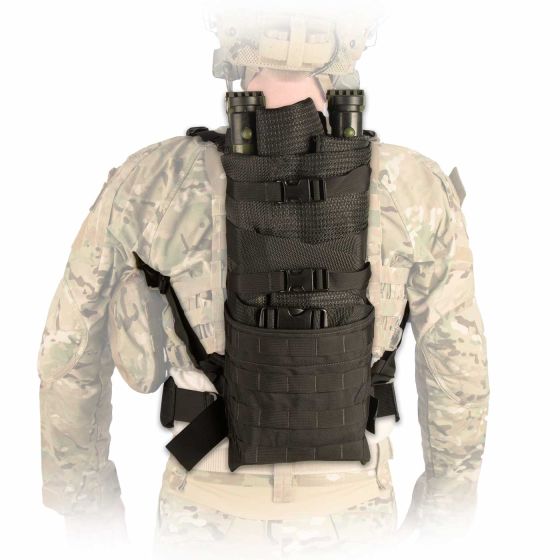 Talon® II Assault Litter Carrier in black displayed on the back of a military person, designed for easy litter transport with non-slip adjustable shoulder straps and a top handle. Made from 500D CORDURA® Solution-Dyed Nylon with Near Infrared Signature Reduction, featuring MOLLE-style attachment points and a drain hole. Litter sold separately.