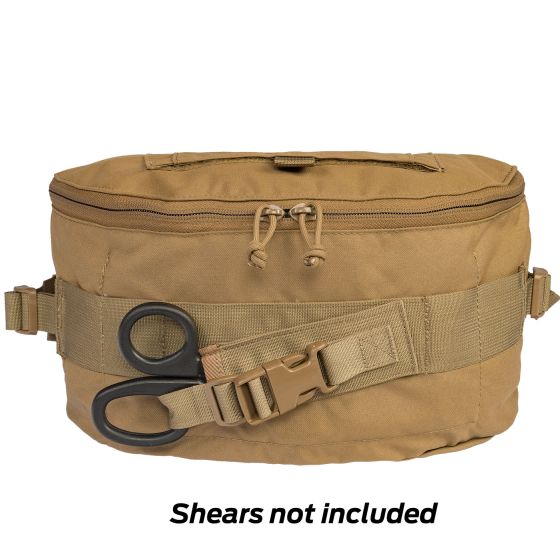 Tan CCR Squad Bag with mounted trauma shears on front MOLLE panel – shears not included.