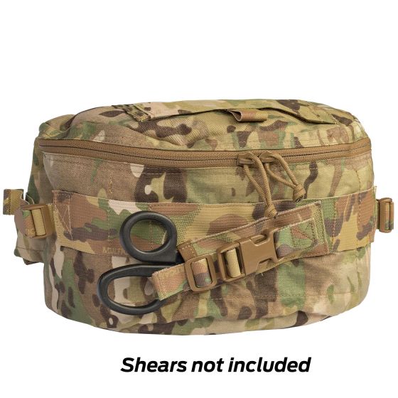 Multicam CCR Squad Bag featuring front buckle and mounted trauma shears – shears not included.