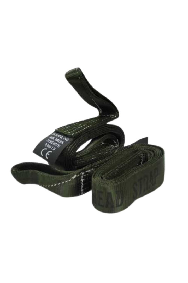 Olive green PJ Sked horizontal lift sling rescue straps coiled neatly with visible 'HEAD STRAP' label.