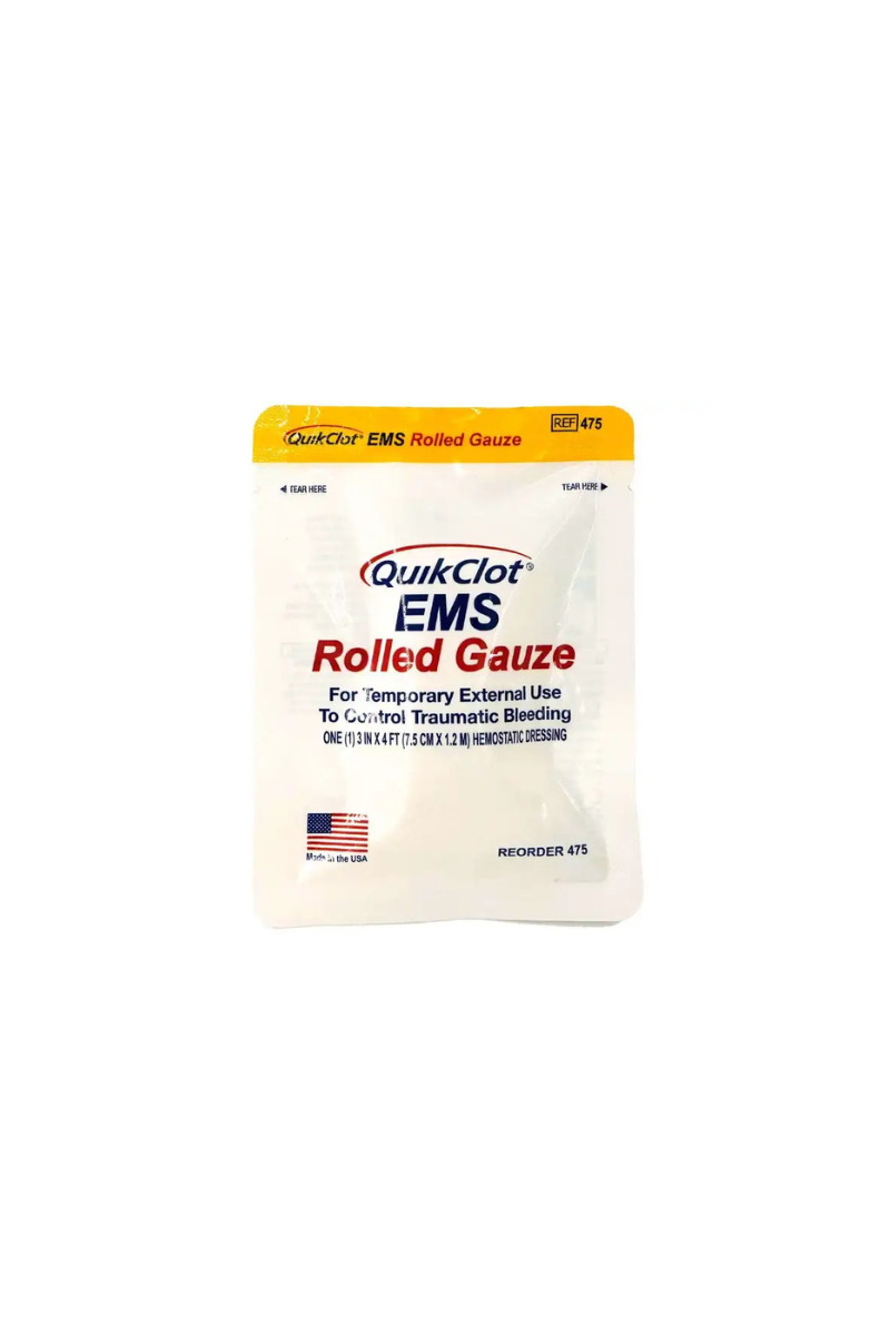 QuikClot EMS Rolled Gauze in sterile yellow-labeled packaging. Hemostatic gauze designed for rapid bleeding control in emergency trauma care. TacMed Australia – trusted CE-marked gauze for paramedics and first responders.