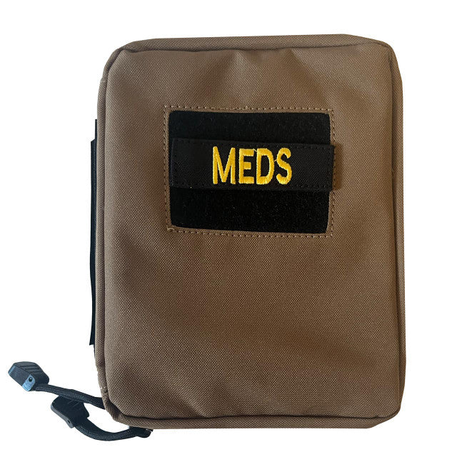 Front view of brown medical pouch with 'MEDS' patch on the cover.