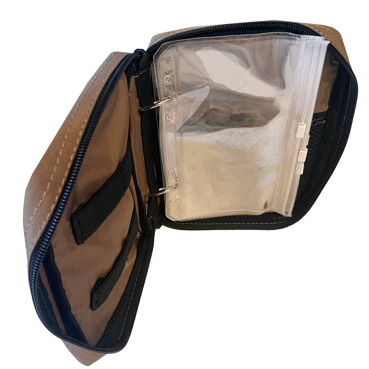 Interior view of the pouch showing zippered compartments with clear plastic windows.