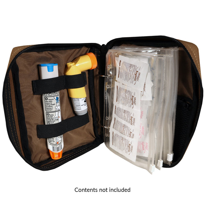 Organised view of the pouch open with medication bottles and packets securely stored.