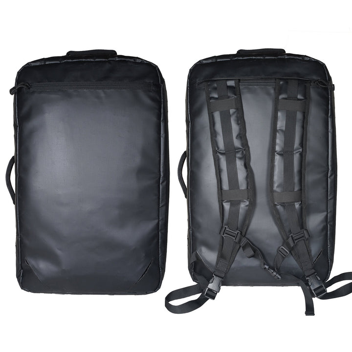 Front and rear view of a black Paratus tactical medical pack with shoulder straps.