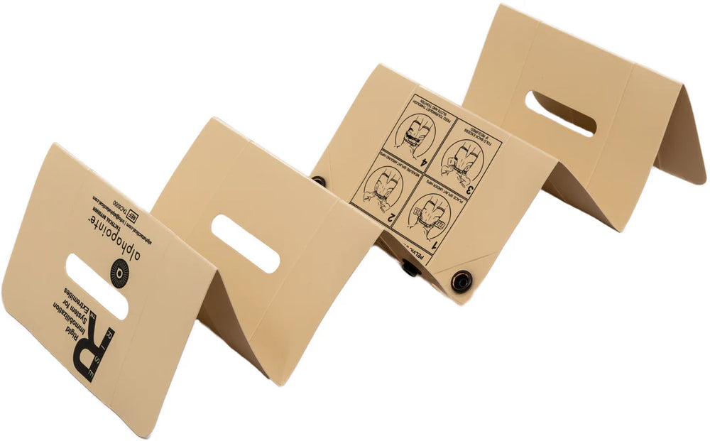 RISE splint shown partially unfolded with hinge design