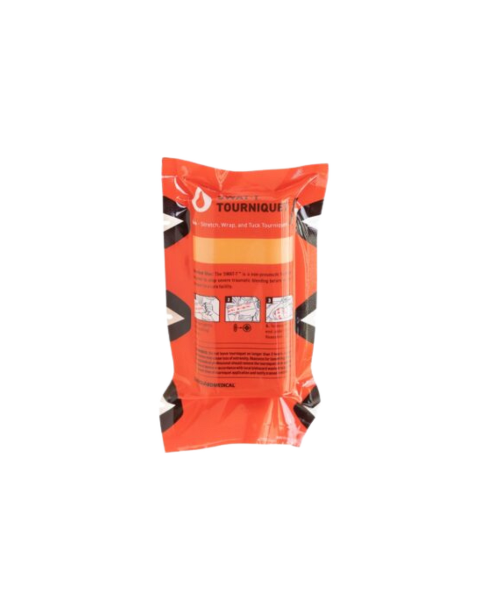 SWAT-T Tourniquet in its compressed retail packaging showing branding and usage graphics.