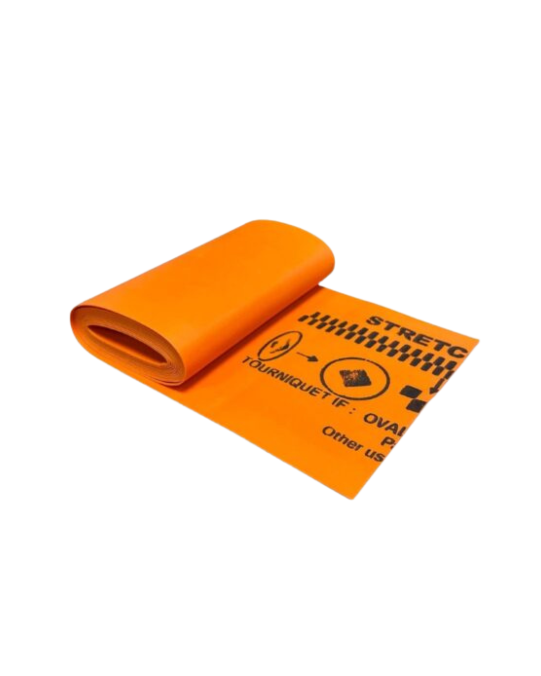 Rolled SWAT-T Stretch Wrap and Tuck Tourniquet in bright orange with printed usage instructions visible.