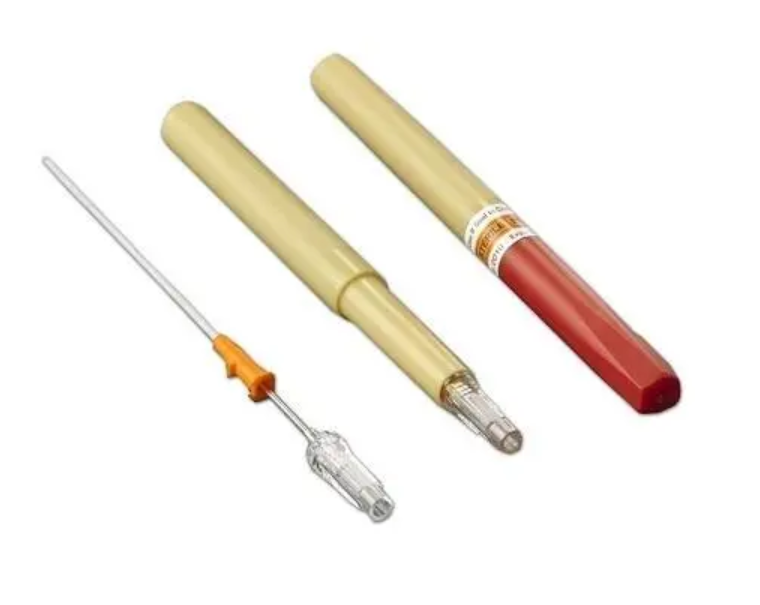 TPAK chest decompression needle kit showing 14-gauge needle, protective case, and capped housing tube.