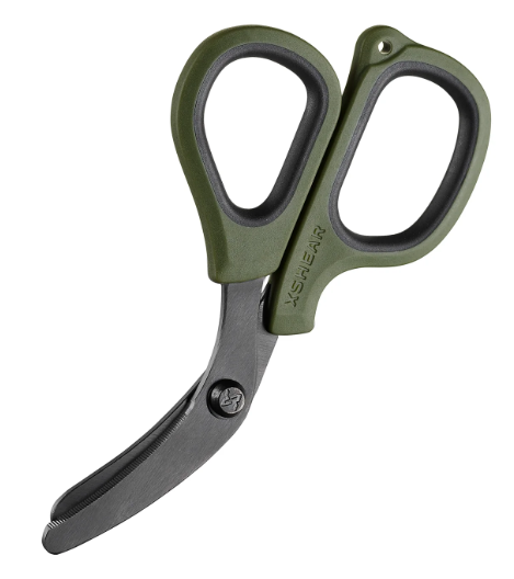 XSHEAR Mini Trauma Shears in military green with curved blades and compact profile.