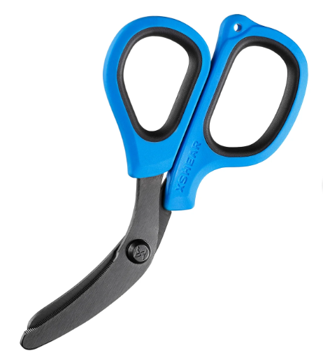 XSHEAR Mini Trauma Shears folded, showcasing multiple lanyard or holster attachment holes.