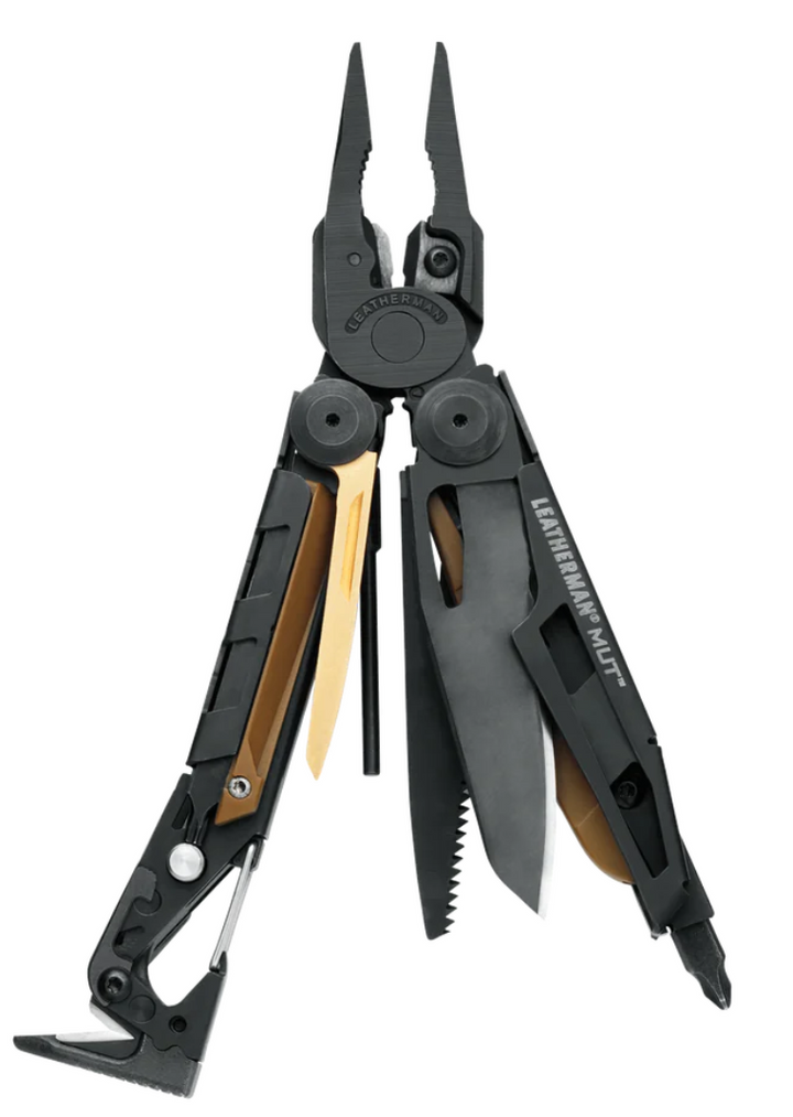 Leatherman MUT multitool fully opened, displaying pliers, knife, and various extended tools.
