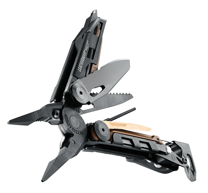 Angled view of the MUT with multiple tools unfolded, including saw, scissors, and screwdriver.