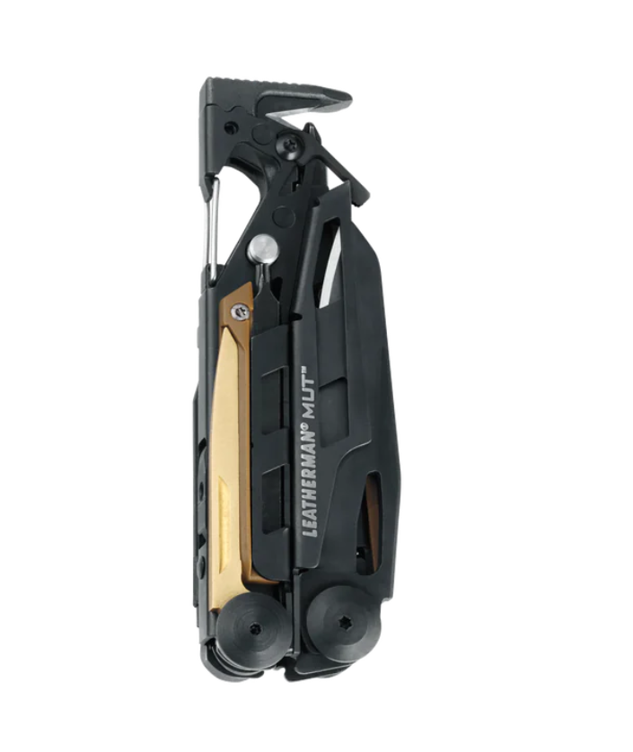 Side profile of the MUT in folded position showing bronze-colored tool inserts and compact design.