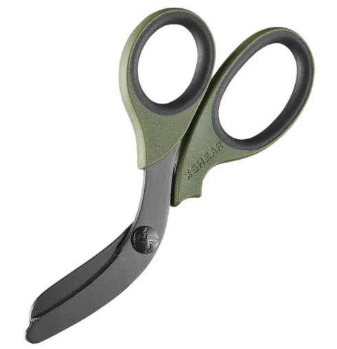 XSHEAR Trauma Shears with military green handle for low-visibility field operations. Engineered for medics and first responders. TacMed Australia – tactical trauma shears with titanium coating.