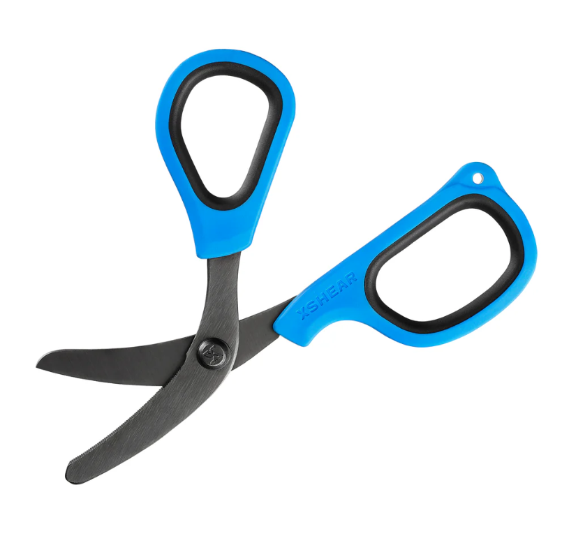XSHEAR Mini 6” Trauma Nurse Shears in blue with curved stainless steel blades and ergonomic handle.