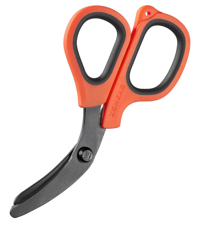XSHEAR Mini Trauma Nurse Shears in bright orange for high visibility in emergency settings.