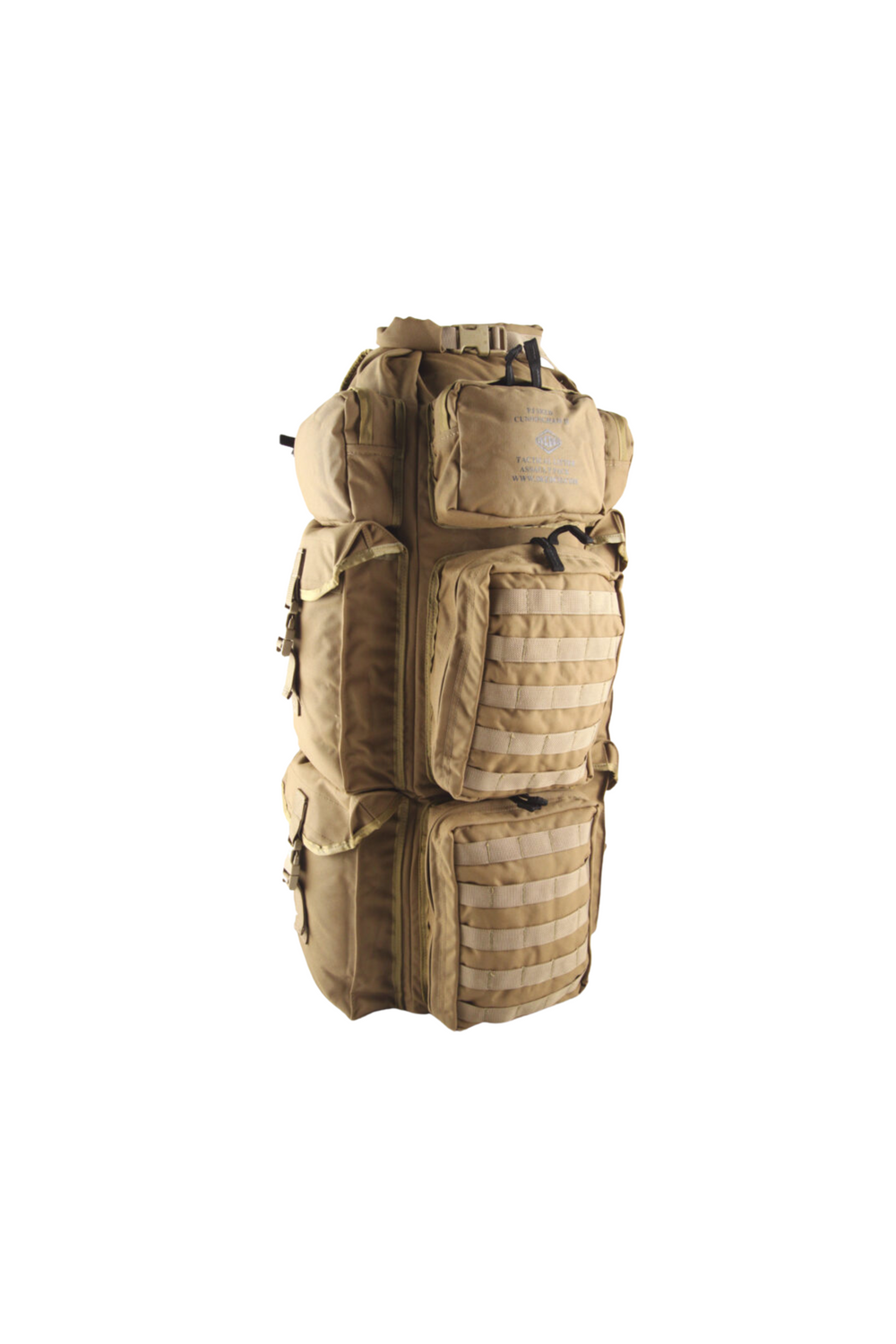 Side view of PJ SKED Cunningham II™ Tactical Litter Assault Pack against a white background. The pack is constructed from Solution Dyed CORDURA® Nylon Fabric-1000D in a tan color, featuring a spacious main compartment with side cinch straps and MOLLE-style webbing for modular attachments.