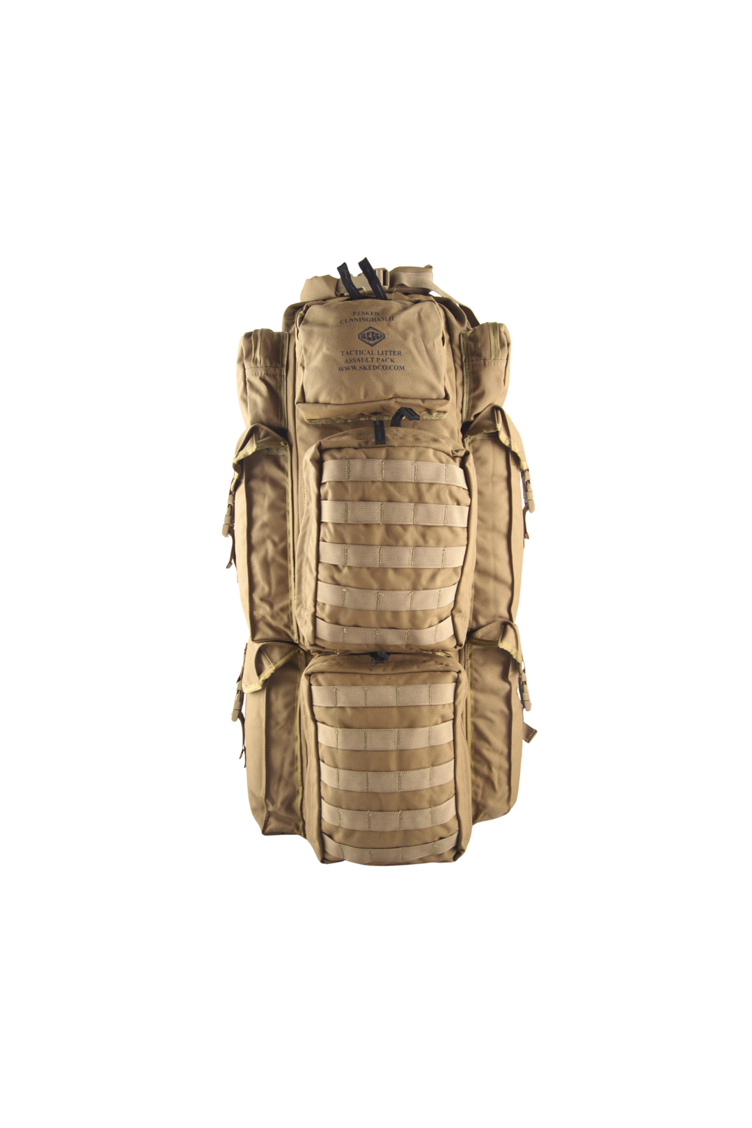 Front view of PJ SKED Cunningham II™ Tactical Litter Assault Pack against a white background. The pack is ideal for military medics and remote first responders.