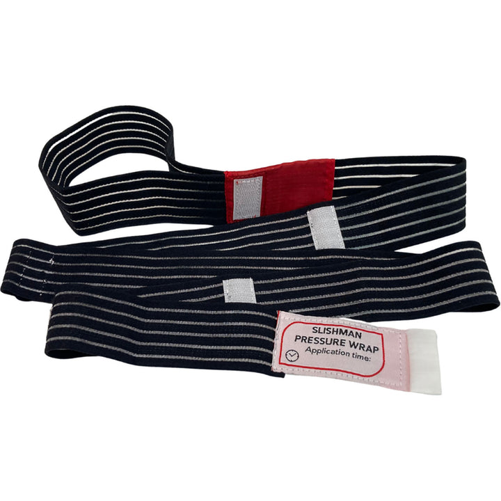 Black Slishman Pressure Wrap with red and white application indicators coiled flat.