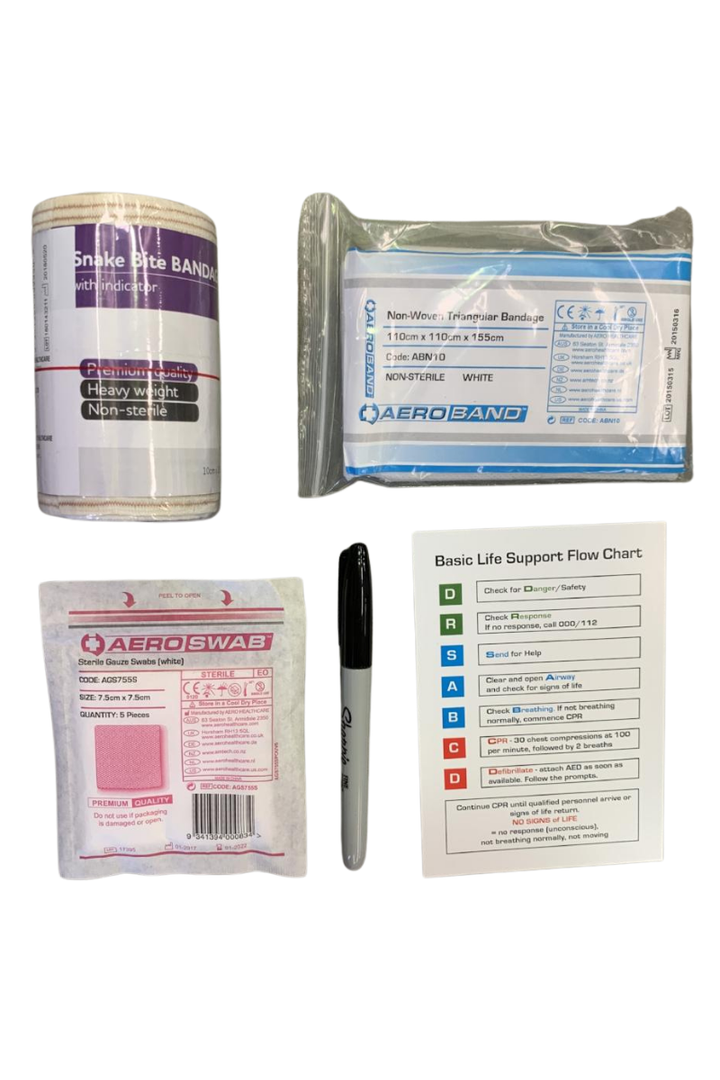 TacMed Snake Bite Kit contents displayed including AeroForm bandage, triangular bandage, gloves, pen, and treatment guide. Built for rapid and effective snake bite first aid. TacMed Australia – trusted kit for remote area responders.