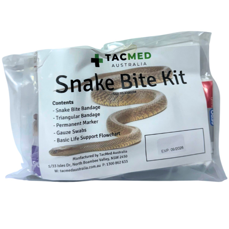 TacMed Snake Bite Kit in clear plastic packaging with item list visible. Includes bandages, splint, marker, and instructions. Designed for Australian snake bite response. TacMed Australia – essential kit for bushwalkers, farmers, and outdoor professionals.
