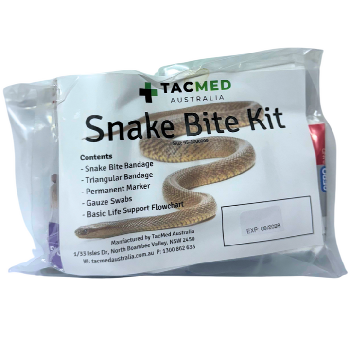 TacMed Snake Bite Kit in clear plastic packaging with item list visible. Includes bandages, splint, marker, and instructions. Designed for Australian snake bite response. TacMed Australia – essential kit for bushwalkers, farmers, and outdoor professionals.