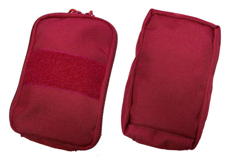 Front and rear views of a compact red IFAK pouch with zip closure and Velcro patch panel.