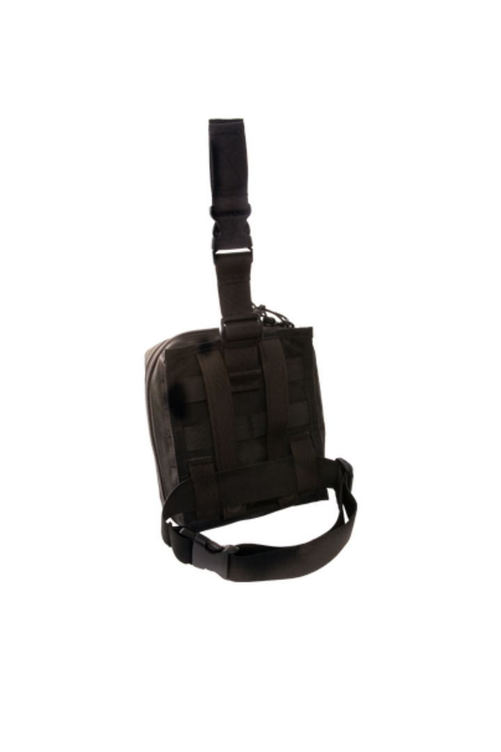 back view of the closed trauma kit pouch with securing strap visible.