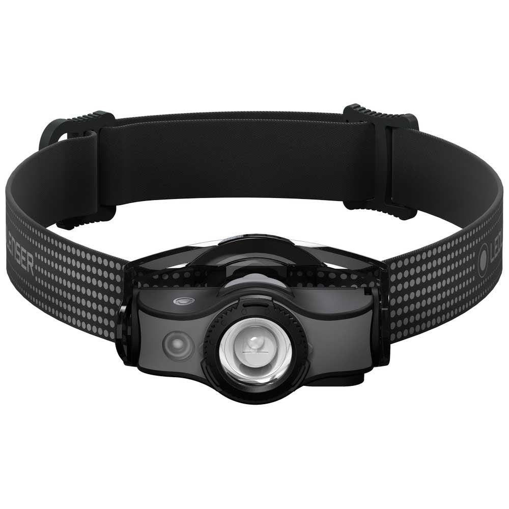 Front-facing view of the Ledlenser MH5 headlamp showing the LED light module and head strap design.