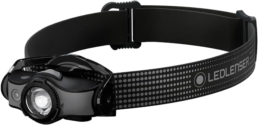 Ledlenser MH5 headlamp in black with adjustable elastic headband and side branding.