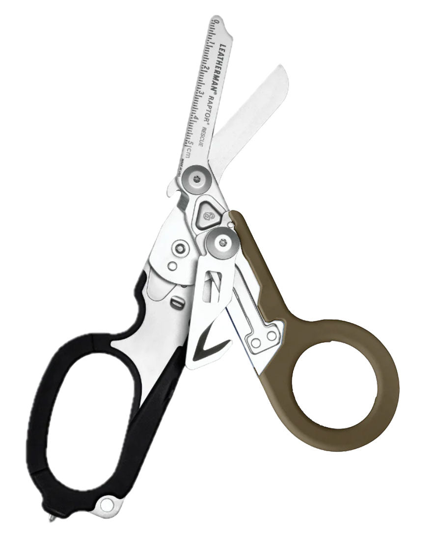 Leatherman Raptor with black and military green handle in open cutting position. Field-ready for defence and emergency use. TacMed Australia – trusted multitool for medics and tactical units.